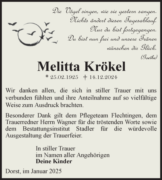 Traueranzeige von Melitta Krökel von Volksstimme Haldensleben/Wolmirstedt
