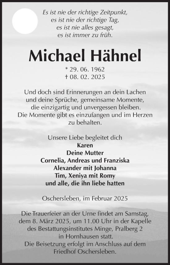 Traueranzeige von Michael Hähnel von Volksstimme Oschersleben/Wanzleben