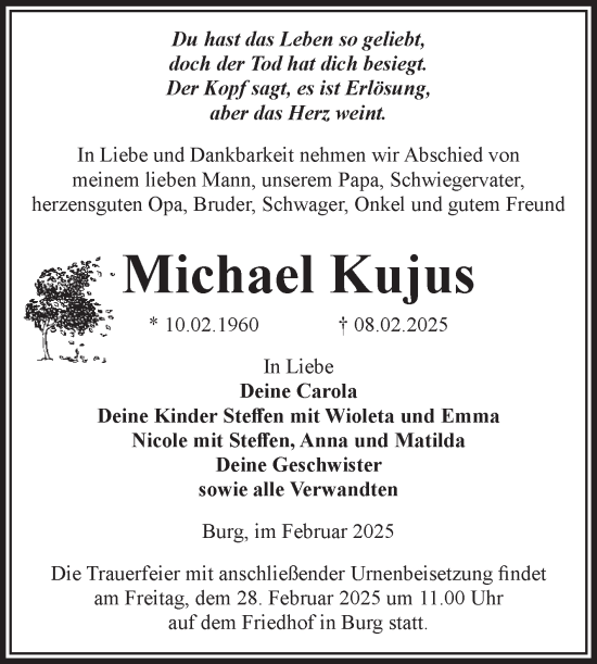 Traueranzeige von Michael Kujus von Volksstimme Burg/Genthin