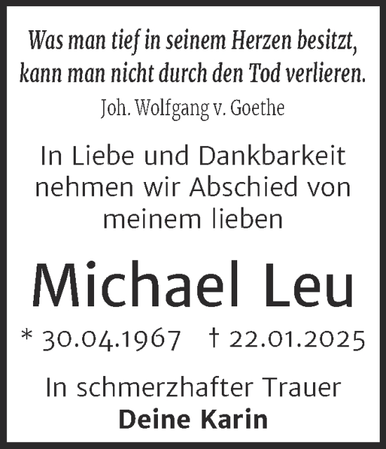 Traueranzeige von Michael Leu von Trauerkombi Dessau