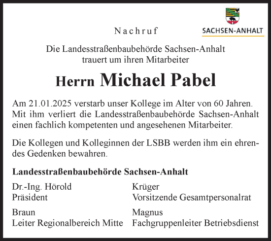 Traueranzeige von Michael Pabel von Volksstimme Burg/Genthin