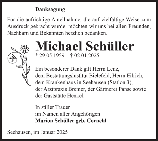 Traueranzeige von Michael Schüller von Volksstimme Altmark Ost