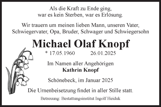 Traueranzeige von Michael Olaf Knopf von Volksstimme Schönebeck
