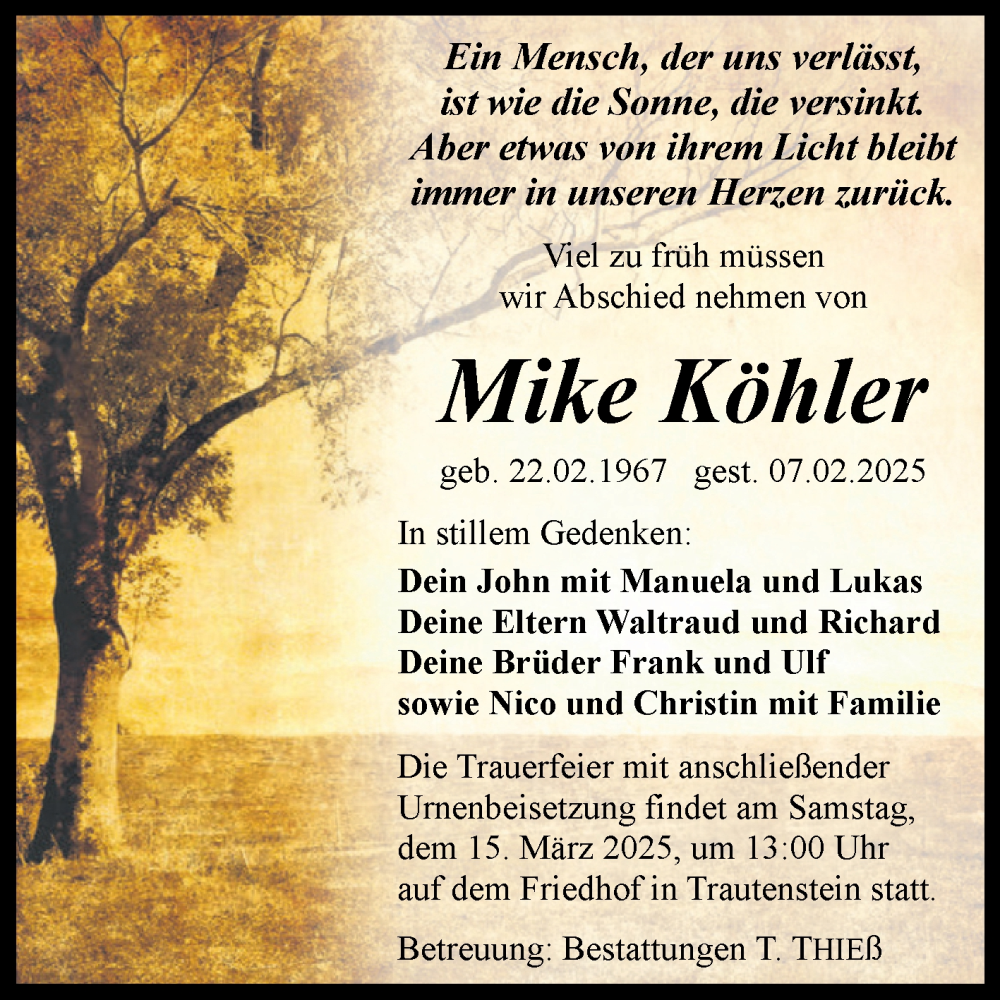  Traueranzeige für Mike Köhler vom 15.02.2025 aus Volksstimme Wernigerode