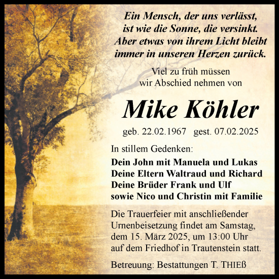 Traueranzeige von Mike Köhler von Volksstimme Wernigerode
