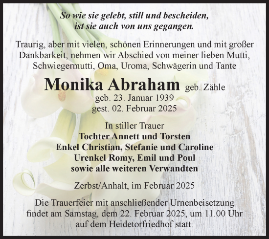 Traueranzeige von Monika Abraham von Volksstimme Zerbst