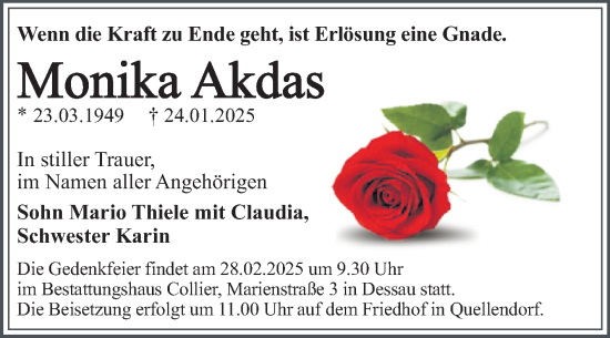 Traueranzeige von Monika Akdas von Trauerkombi Dessau