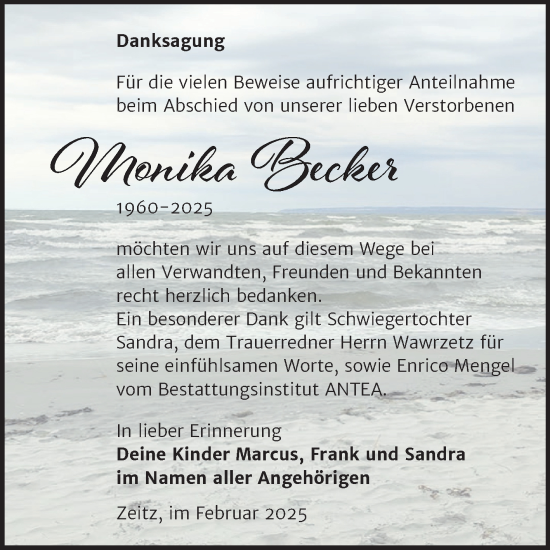 Traueranzeige von Monika Becker von Trauerkombi Zeitz