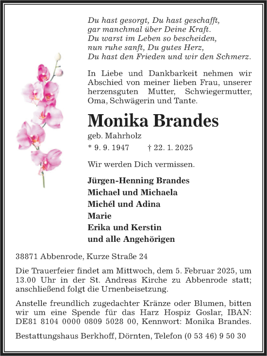 Traueranzeige von Monika Brandes von Volksstimme Wernigerode