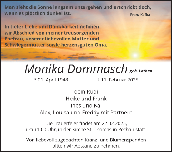 Traueranzeige von Monika Dommasch von Volksstimme Magdeburg
