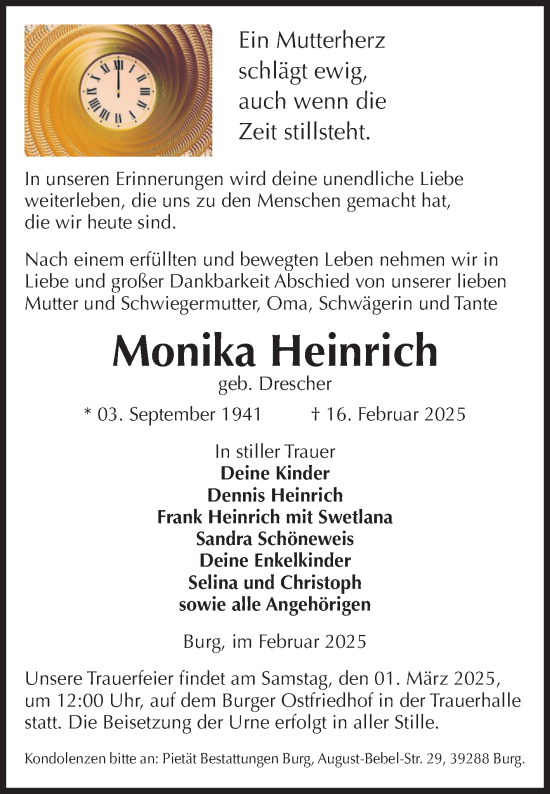 Traueranzeige von Monika Heinrich von Volksstimme Burg/Genthin