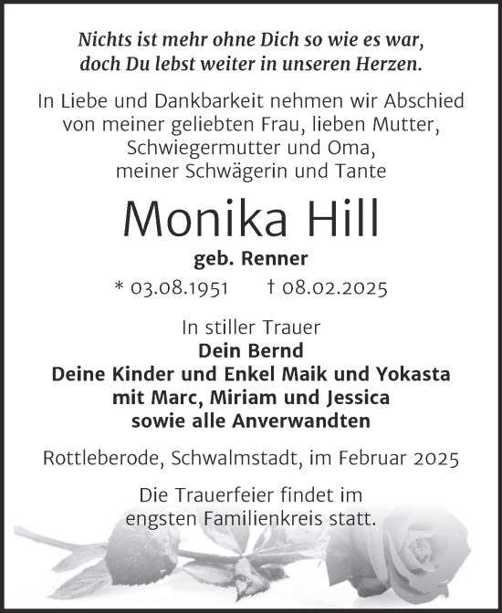 Traueranzeige von Monika Hill von Mitteldeutsche Zeitung Sangerhausen