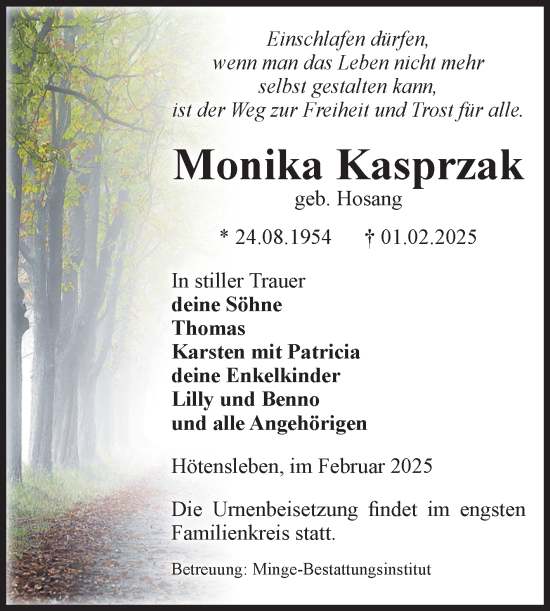Traueranzeige von Monika Kasprzak von Volksstimme Oschersleben/Wanzleben