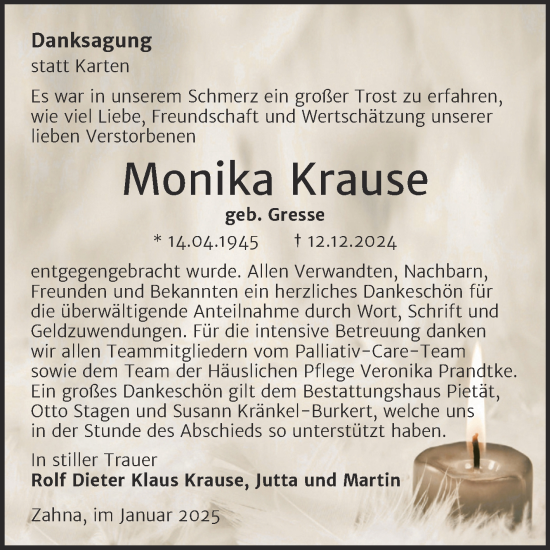 Traueranzeige von Monika Krause von Trauerkombi Wittenberg