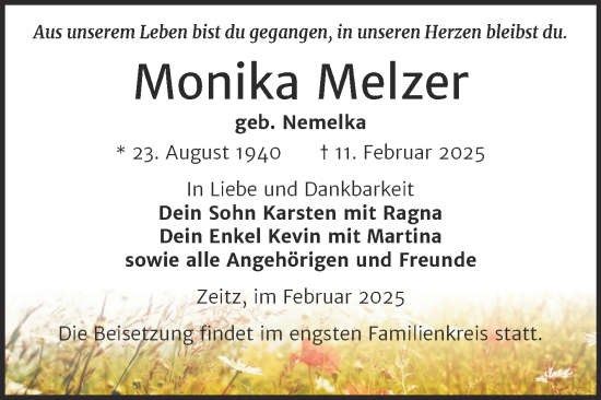 Traueranzeige von Monika Melzer von Trauerkombi Zeitz