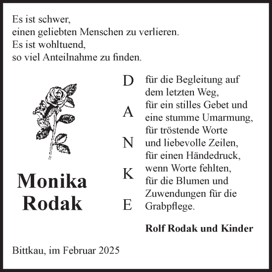 Traueranzeige von Monika Rodak von Volksstimme Altmark Ost