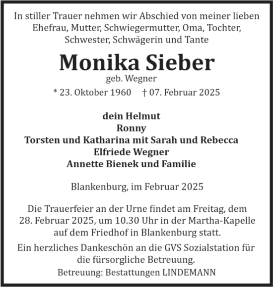 Traueranzeige von Monika Sieber von Volksstimme Wernigerode