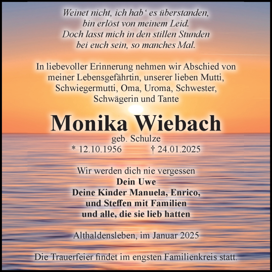 Traueranzeige von Monika Wiebach von Volksstimme Haldensleben/Wolmirstedt