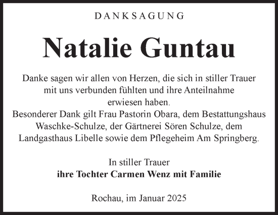 Traueranzeige von Natalie Guntau von Volksstimme Altmark Ost
