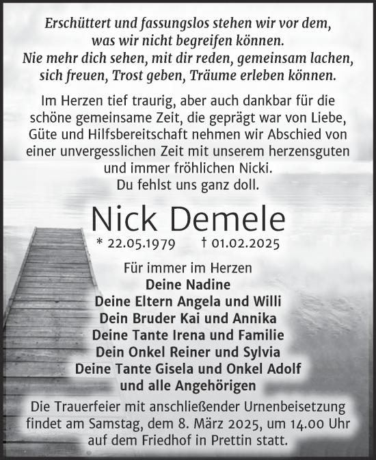 Traueranzeige von Nick Demele von Trauerkombi Wittenberg