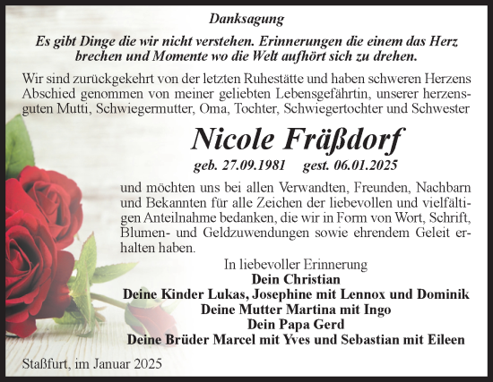 Traueranzeige von Nicole Fräßdorf von Volksstimme Staßfurt