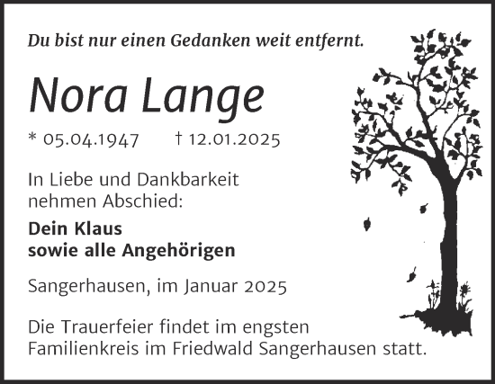 Traueranzeige von Nora Lange von Trauerkombi Sangerhausen