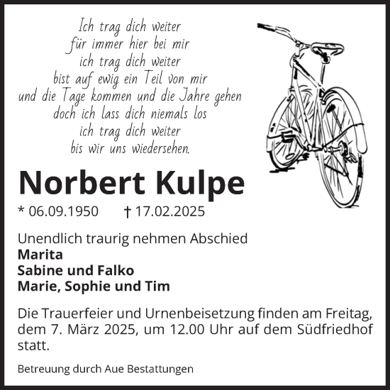 Traueranzeige von Norbert Kulpe von Volksstimme Magdeburg
