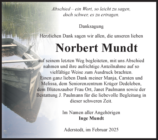 Traueranzeige von Norbert Mundt von Volksstimme Halberstadt
