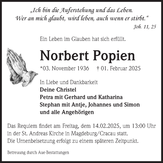 Traueranzeige von Norbert Popien von Volksstimme Magdeburg