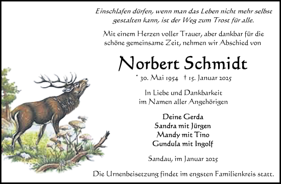 Traueranzeige von Norbert Schmidt von Volksstimme Altmark Ost
