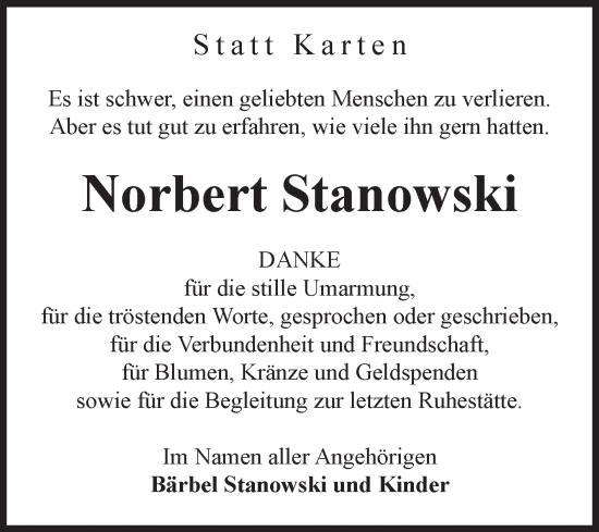 Traueranzeige von Norbert Stanowski von Volksstimme Altmark Ost
