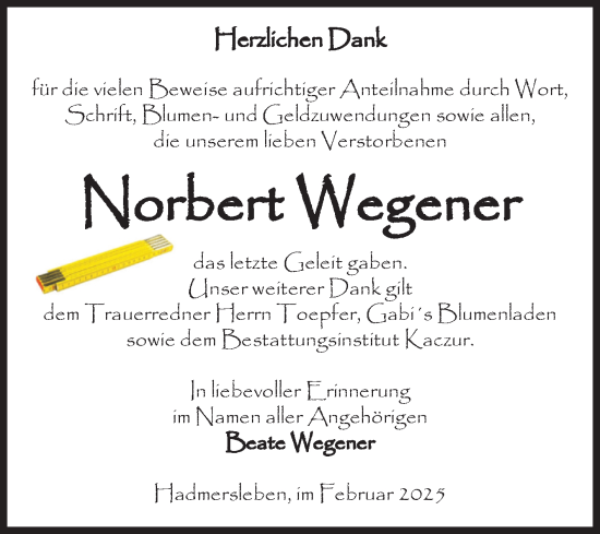 Traueranzeige von Norbert Wegener von Volksstimme Oschersleben/Wanzleben