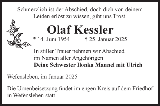 Traueranzeige von Olaf Kessler von Volksstimme Oschersleben/Wanzleben