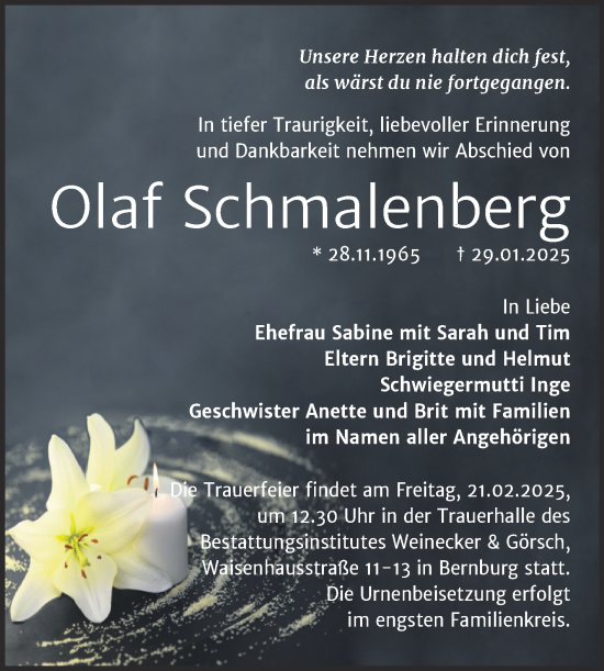 Traueranzeige von Olaf Schmalenberg von Trauerkombi Bernburg