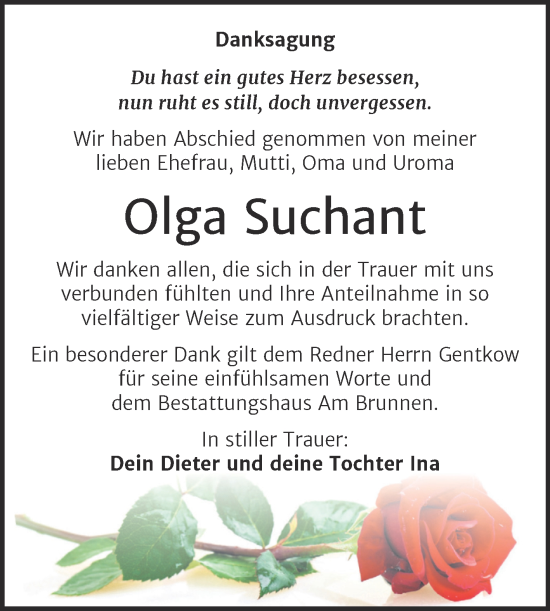 Traueranzeige von Olga Suchant von Trauerkombi Mansfelder Land