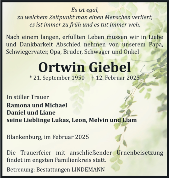 Traueranzeige von Ortwin Giebel von Volksstimme Wernigerode