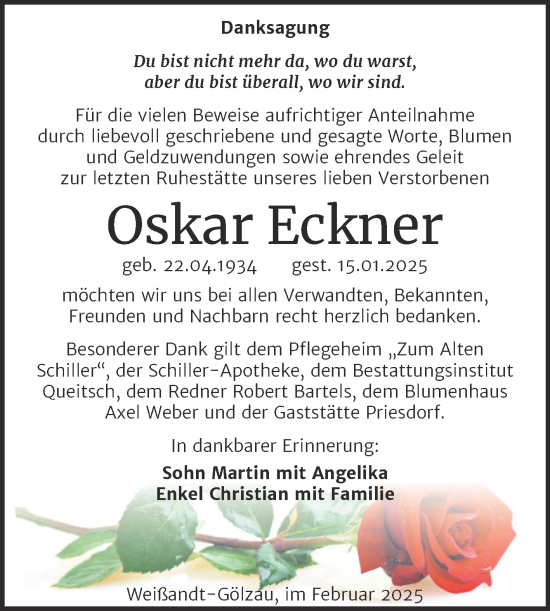 Traueranzeige von Oskar Eckner von Trauerkombi Köthen