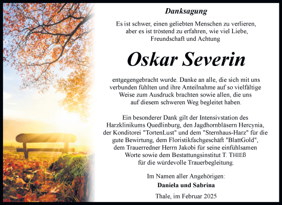 Traueranzeige von Oskar Severin von Trauerkombi Quedlinburg