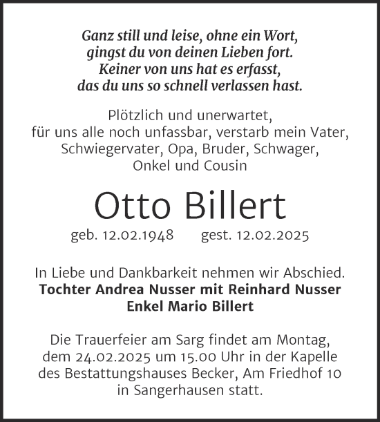 Traueranzeige von Otto Billert von Trauerkombi Sangerhausen