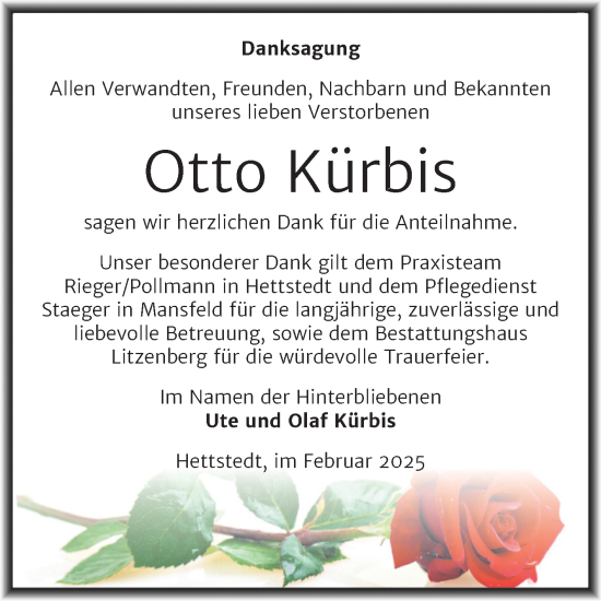 Traueranzeige von Otto Kürbis von Trauerkombi Mansfelder Land