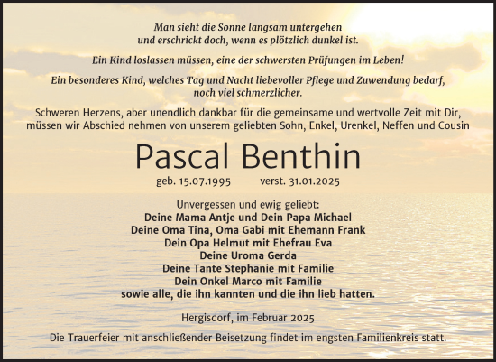 Traueranzeige von Pascal Benthin von Trauerkombi Mansfelder Land