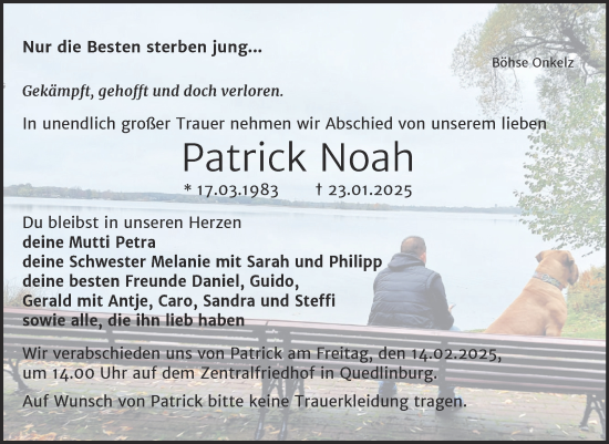 Traueranzeige von Patrick Noah von Trauerkombi Quedlinburg