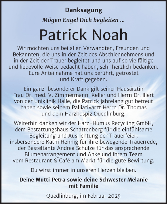 Traueranzeige von Patrick Noah von Trauerkombi Quedlinburg