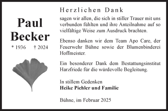 Traueranzeige von Paul Becker von Volksstimme Halberstadt