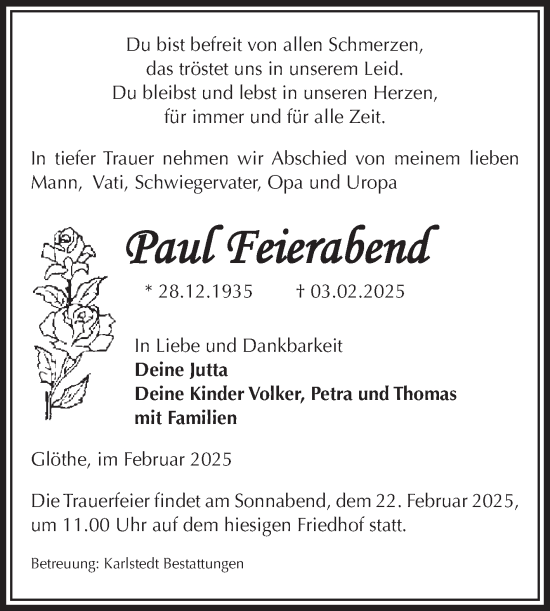 Traueranzeige von Paul Feierabend von Volksstimme Schönebeck