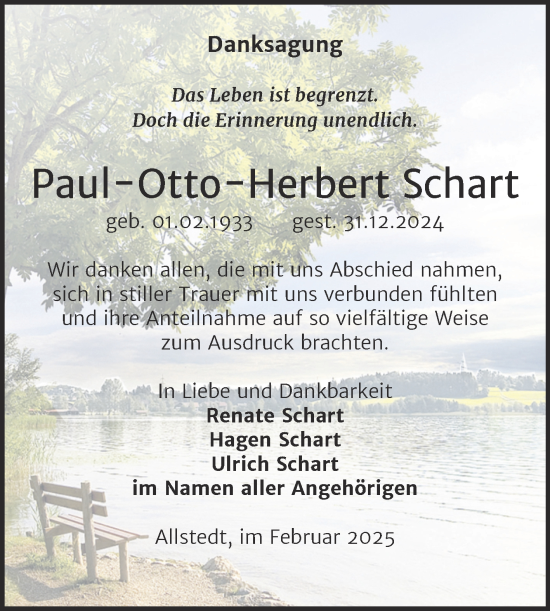 Traueranzeige von Paul-Otto-Herbert Schart von Trauerkombi Sangerhausen