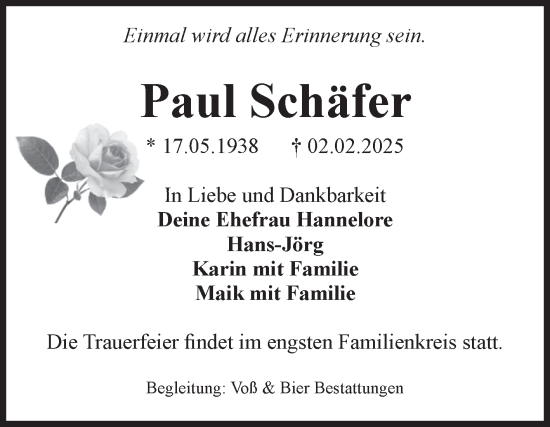 Traueranzeige von Paul Schäfer von Volksstimme Wernigerode