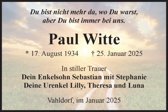 Traueranzeige von Paul Witte von Volksstimme Magdeburg