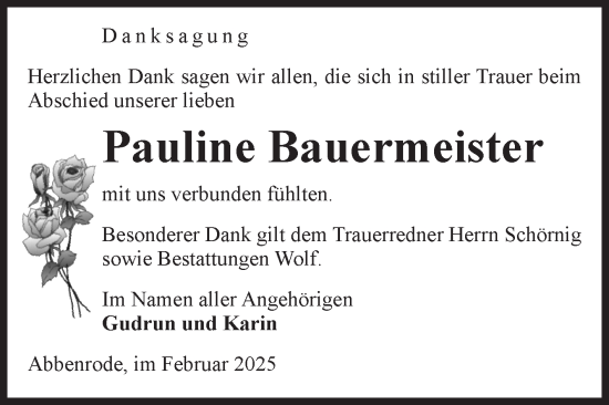 Traueranzeige von Pauline Bauermeister von Volksstimme Wernigerode