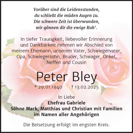 Traueranzeige von Peter Bley von Trauerkombi Bernburg